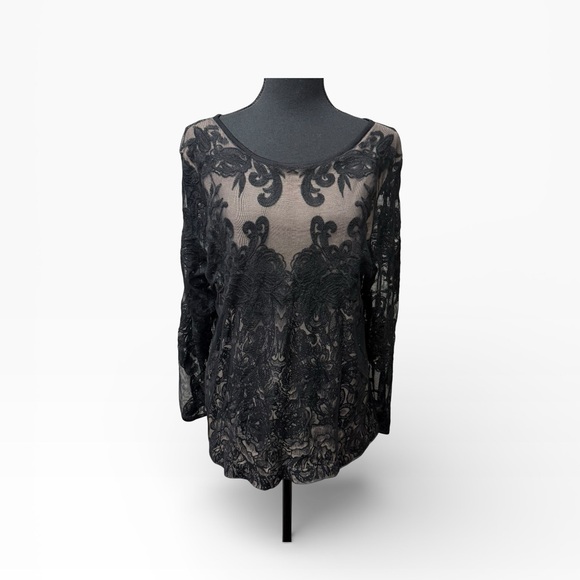 NIC+ZOE Tops - NIC+ZOE Black Lace Sheer Floral Mesh Blouse Long Sleeve Romantic Top XL